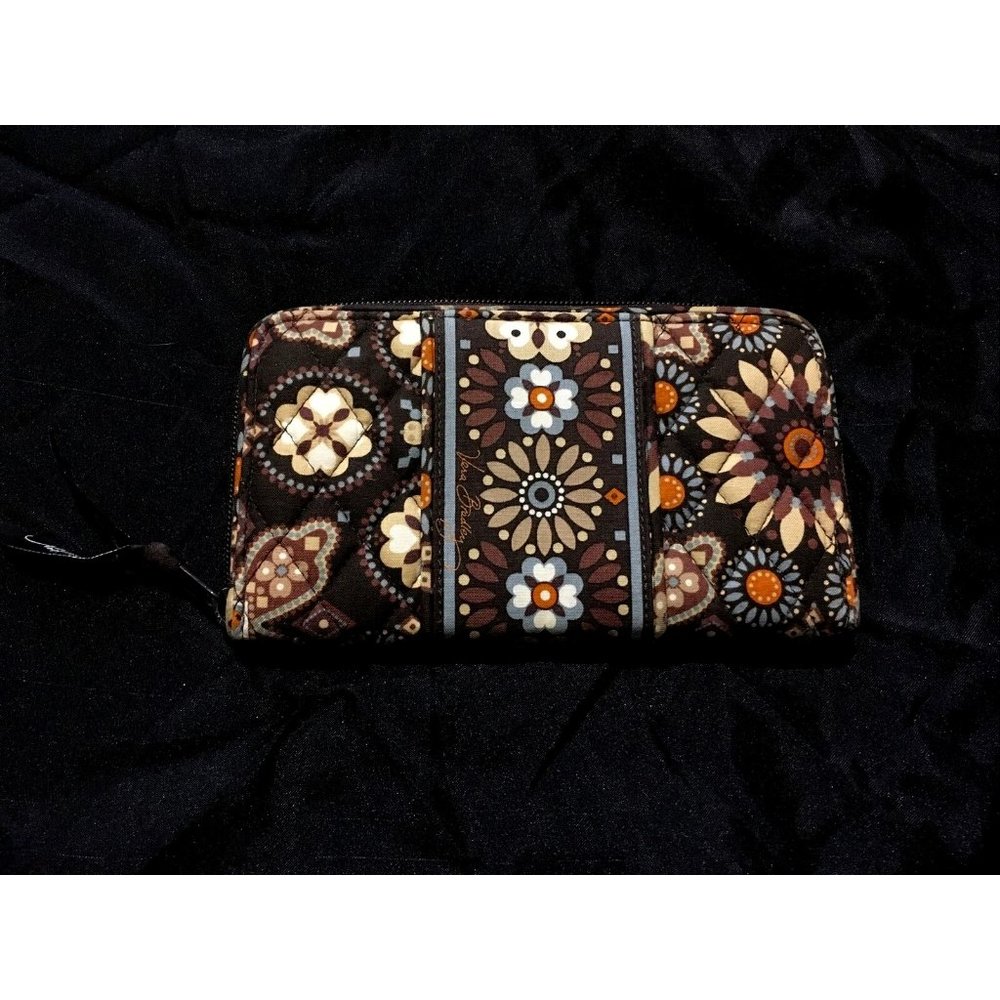 Vera Bradley Zip Close Wallet  Canyon Brown Orange Beige Blue Floral Medallion